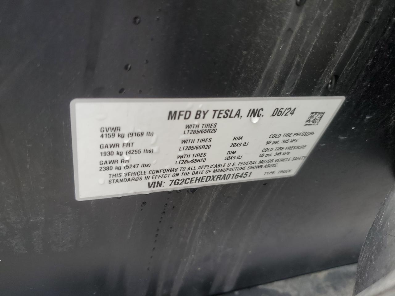 2024 Tesla Cybertruck VIN: 7G2CEHEDXRA016451 Lot: 93474495