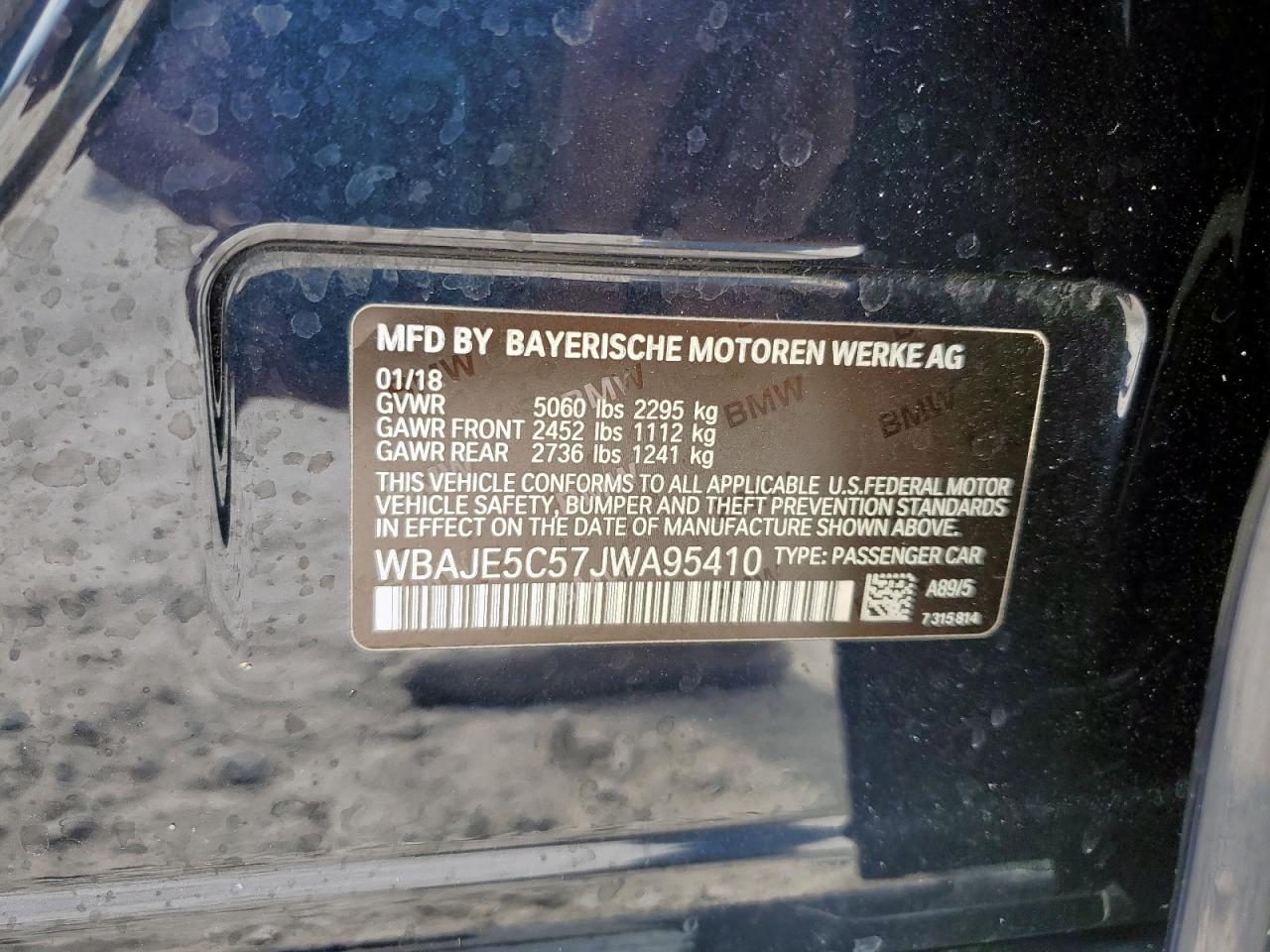 2018 BMW 540 I VIN: WBAJE5C57JWA95410 Lot: 93851525