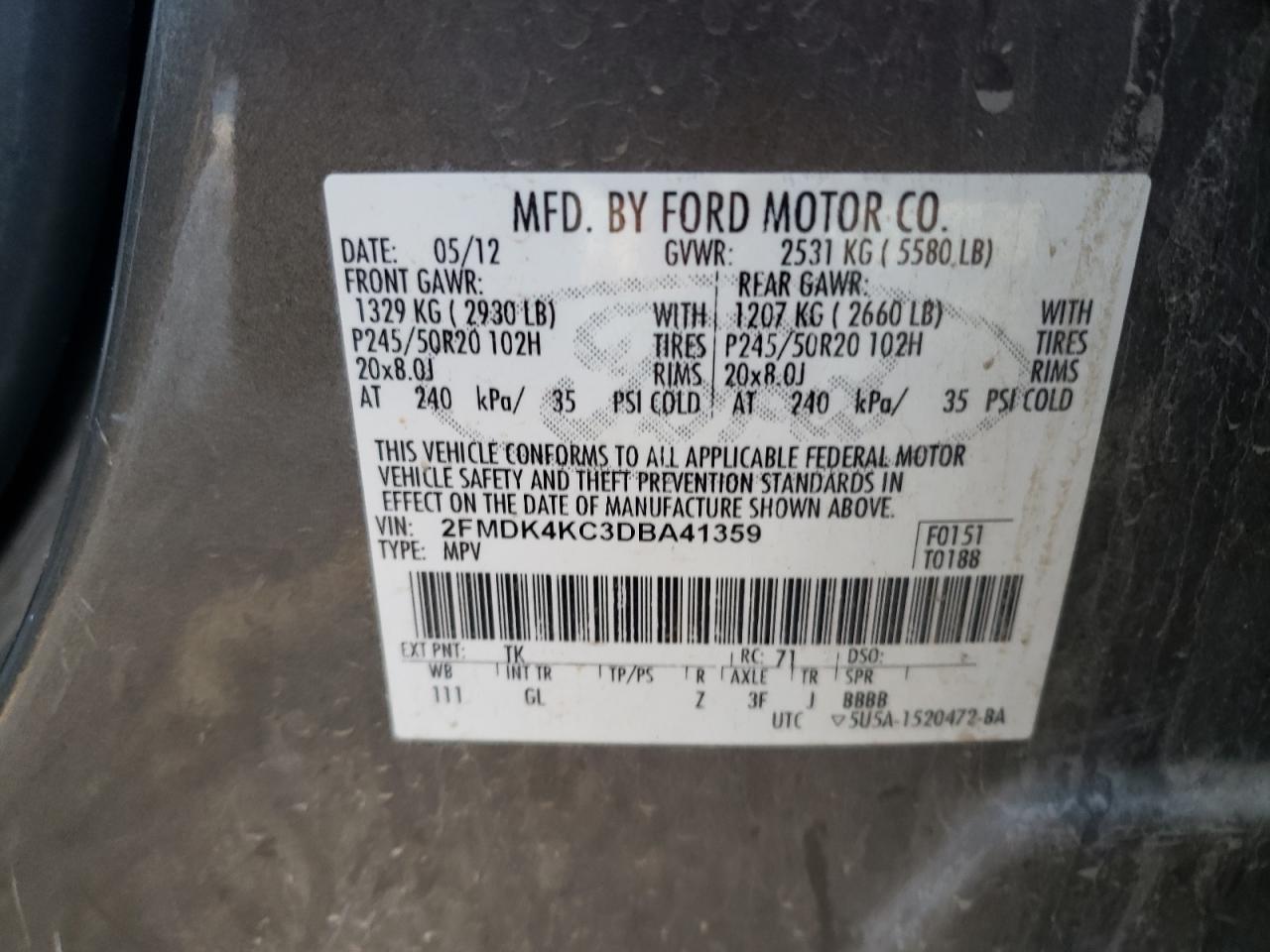 2013 Ford Edge Limited VIN: 2FMDK4KC3DBA41359 Lot: 90970125