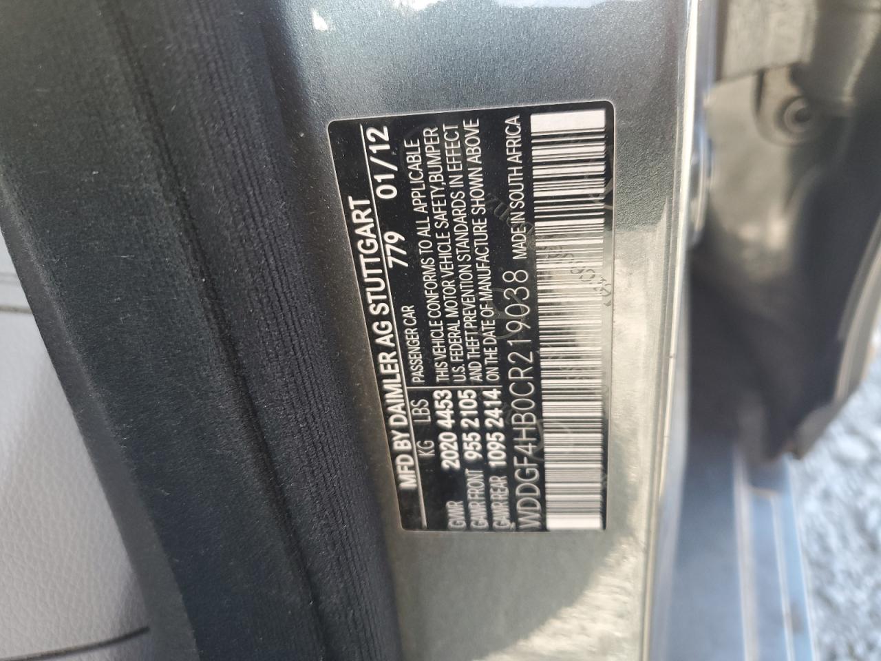 2012 Mercedes-Benz C 250 VIN: WDDGF4HB0CR219038 Lot: 93247835