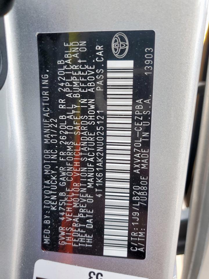 2022 Toyota Camry Xse VIN: 4T1K61AK2NU025121 Lot: 90499865