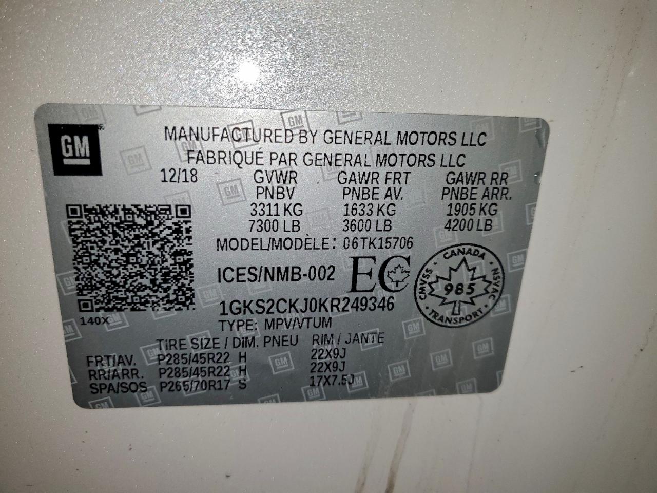 2019 GMC Yukon Denali VIN: 1GKS2CKJ0KR249346 Lot: 94115105