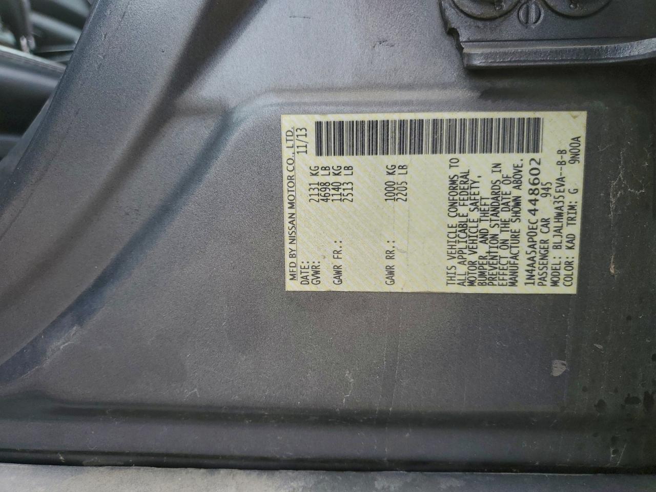 2014 Nissan Maxima S VIN: 1N4AA5AP0EC448602 Lot: 94241535