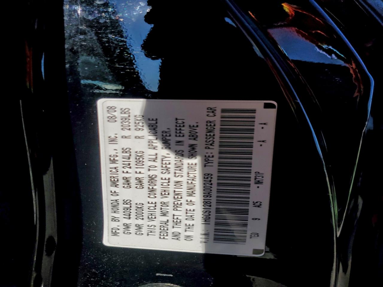 2009 Honda Accord Exl VIN: 1HGCS12819A002459 Lot: 93975225