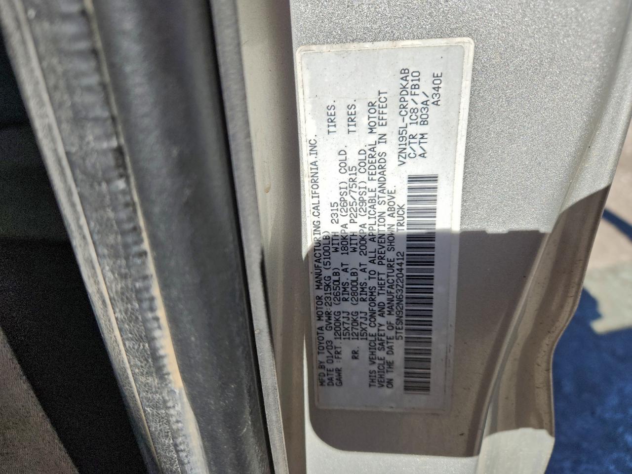 2003 Toyota Tacoma Xtracab Prerunner VIN: 5TESN92N63Z204412 Lot: 93484945