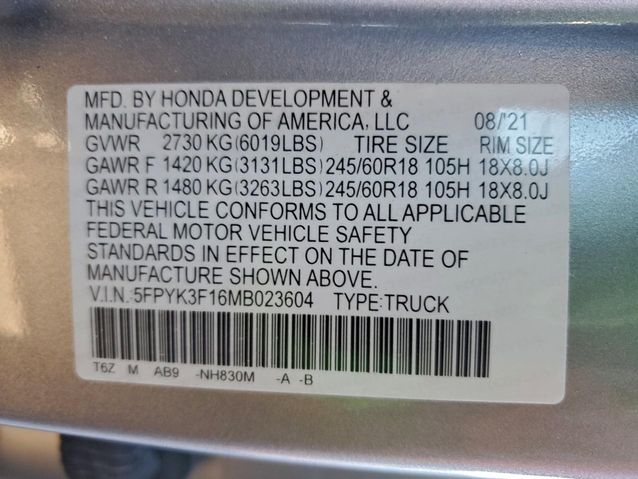 2021 Honda Ridgeline Sport VIN: 5FPYK3F16MB023604 Lot: 94194095