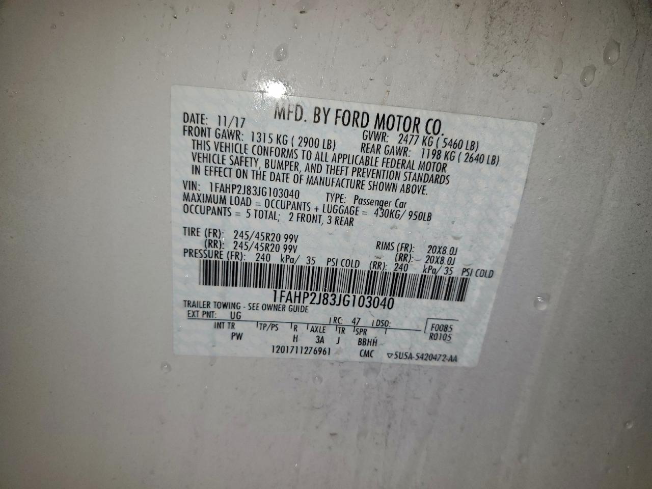 2018 Ford Taurus Limited VIN: 1FAHP2J83JG103040 Lot: 92803205