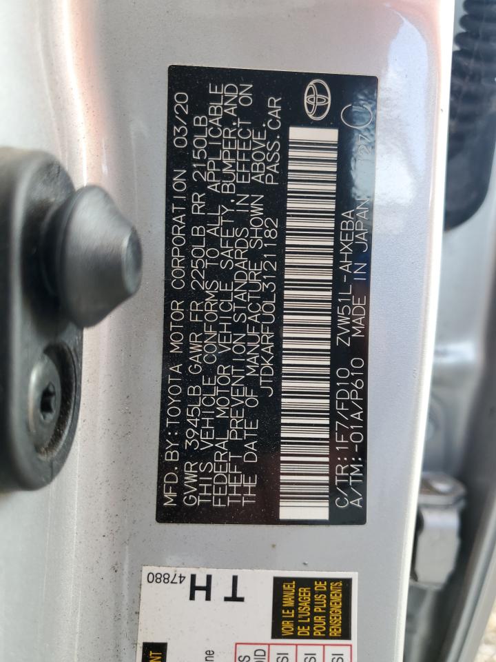 2020 Toyota Prius L VIN: JTDKARFU0L3121182 Lot: 93507555