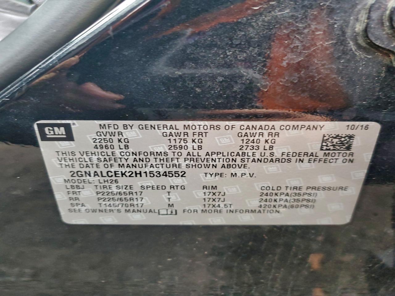 2017 Chevrolet Equinox Lt VIN: 2GNALCEK2H1534552 Lot: 94607945