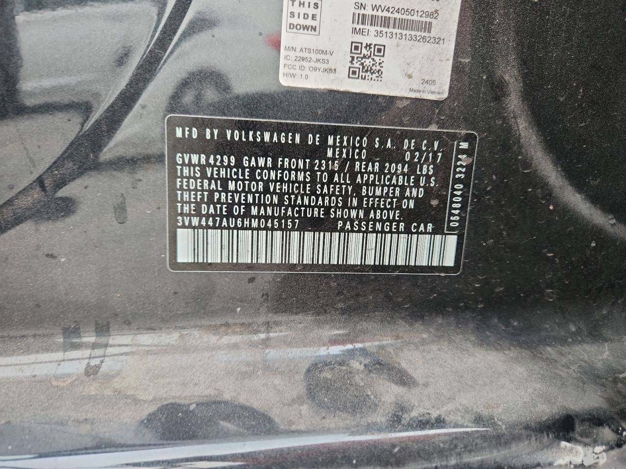 2017 Volkswagen Gti S/Se VIN: 3VW447AU6HM045157 Lot: 91939375