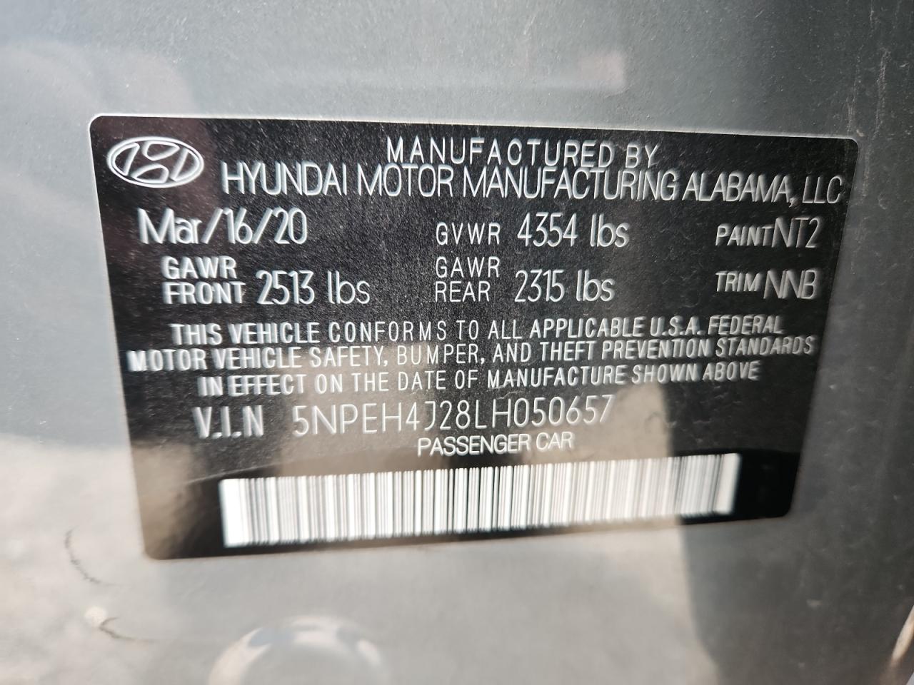 2020 Hyundai Sonata Limited VIN: 5NPEH4J28LH050657 Lot: 93445395