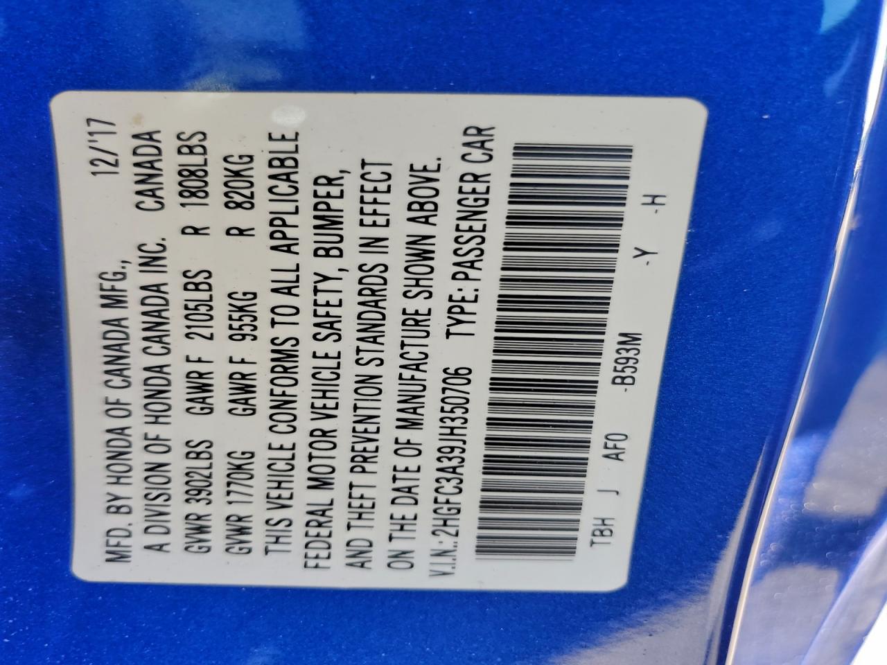 2018 Honda Civic Ex VIN: 2HGFC3A39JH350706 Lot: 94803695