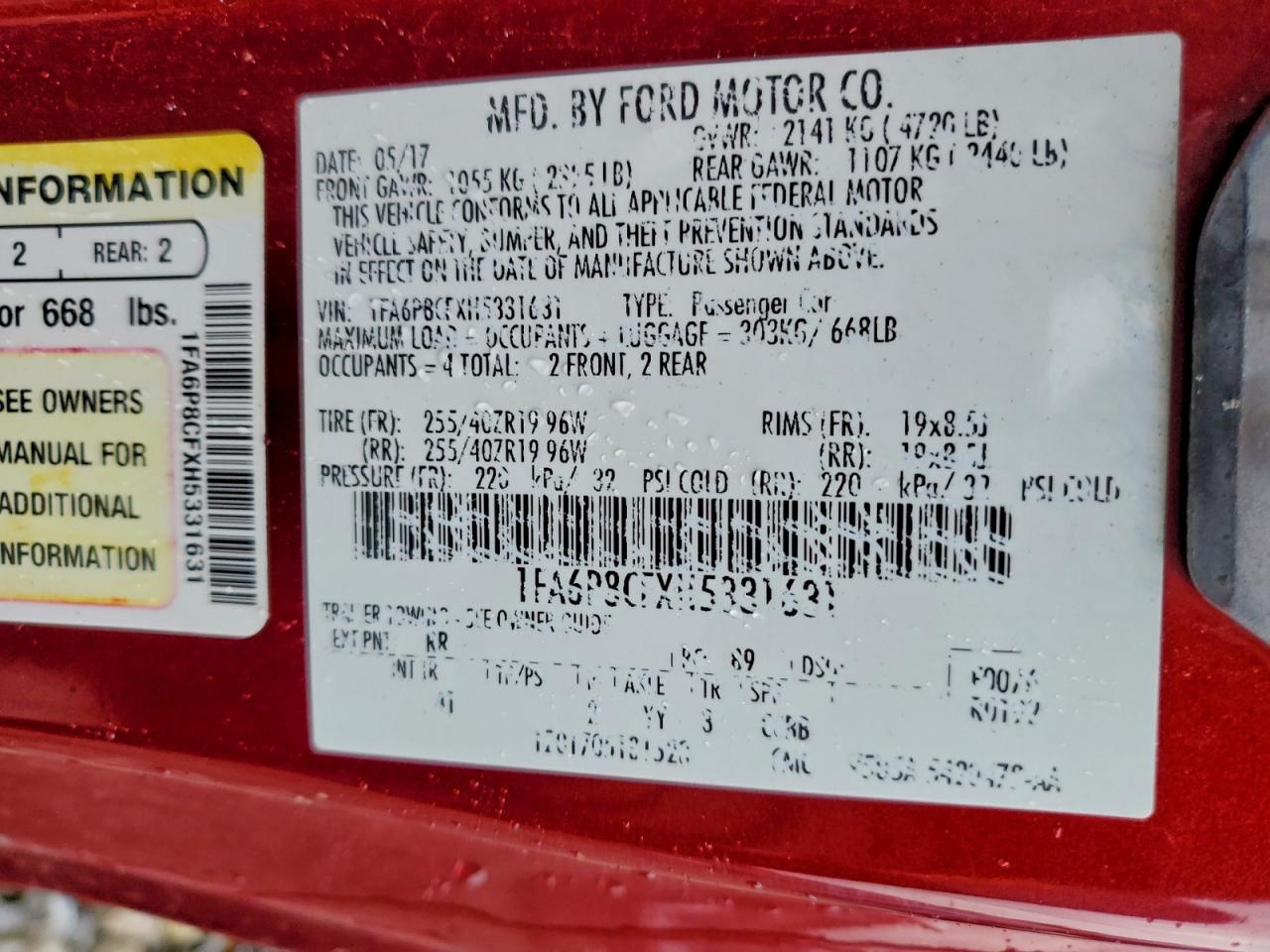 2017 Ford Mustang Gt VIN: 1FA6P8CFXH5331631 Lot: 94024525