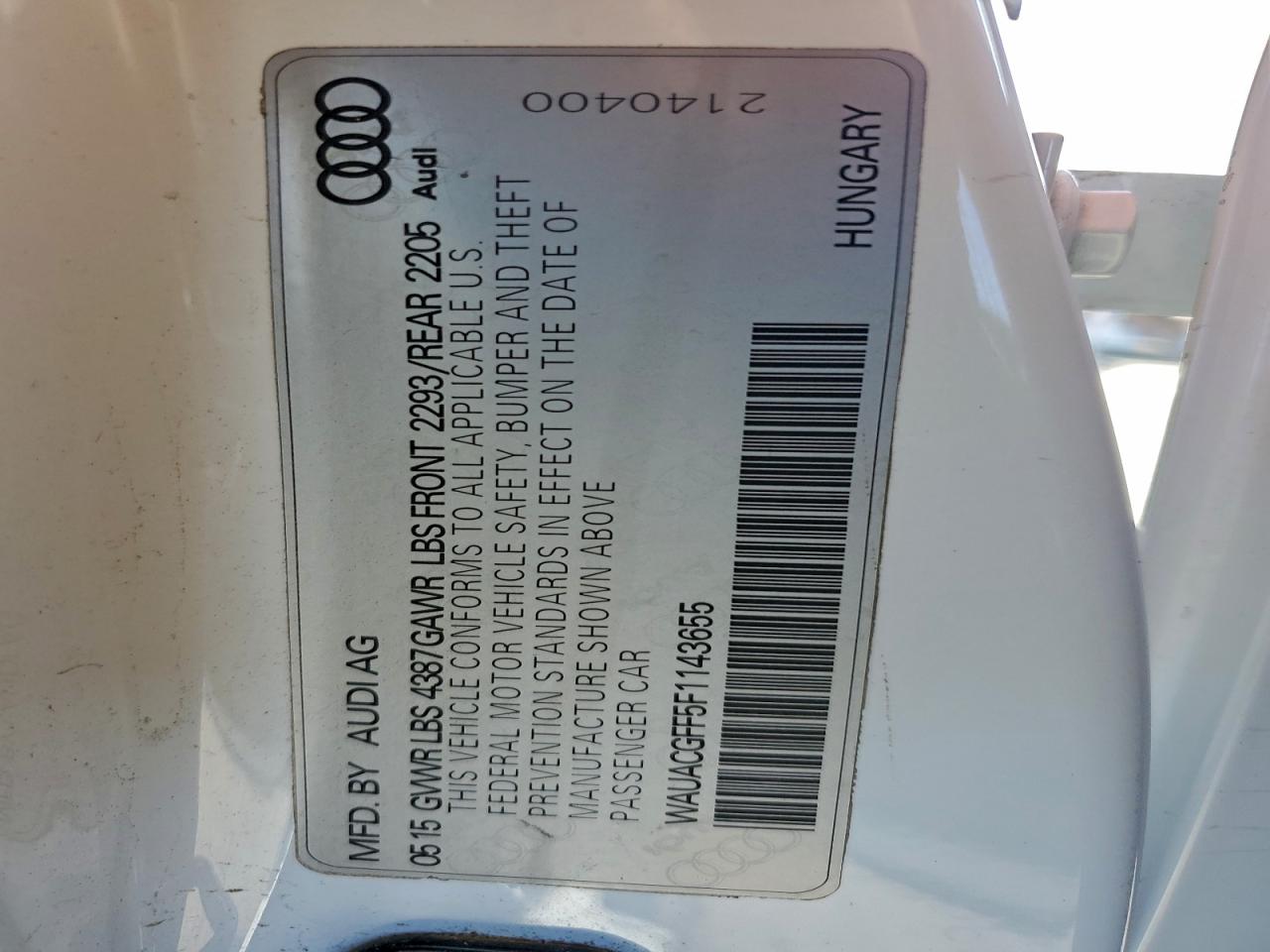 2015 Audi A3 Premium VIN: WAUACGFF5F1143655 Lot: 94289745