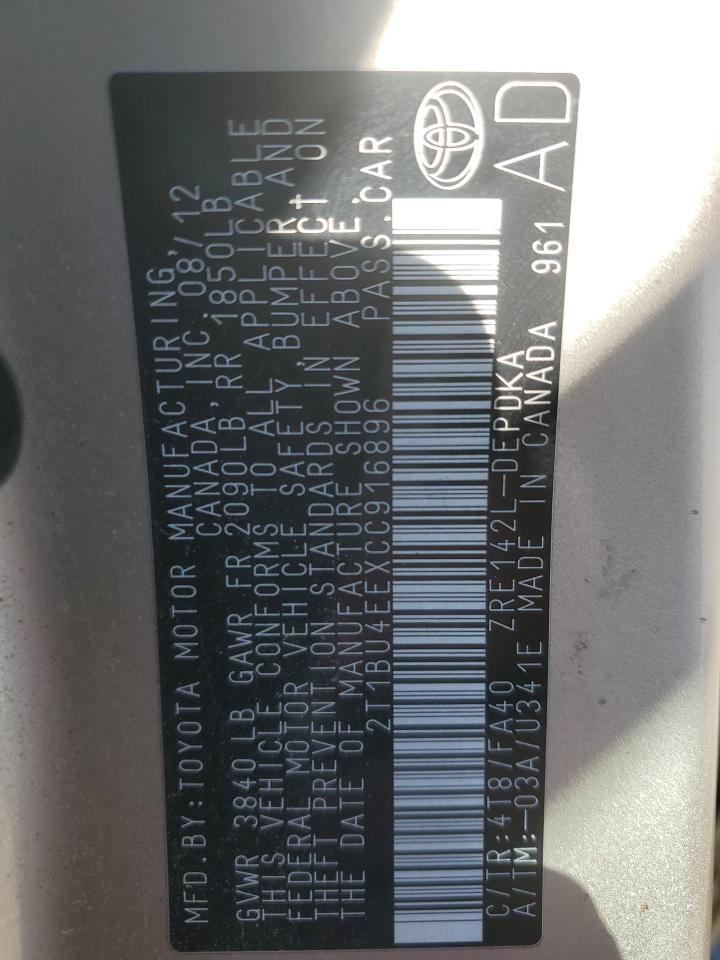 2012 Toyota Corolla Base VIN: 2T1BU4EEXCC916896 Lot: 91256265