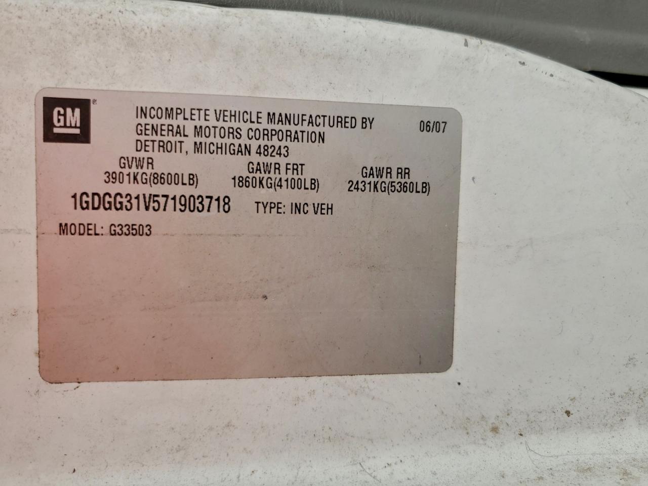 2007 GMC Savana Cutaway G3500 VIN: 1GDGG31V571903718 Lot: 94287665