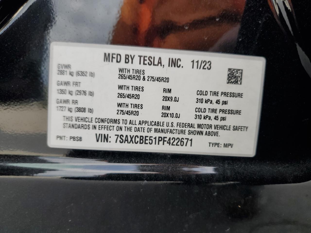 2023 Tesla Model X VIN: 7SAXCBE51PF422671 Lot: 91521055