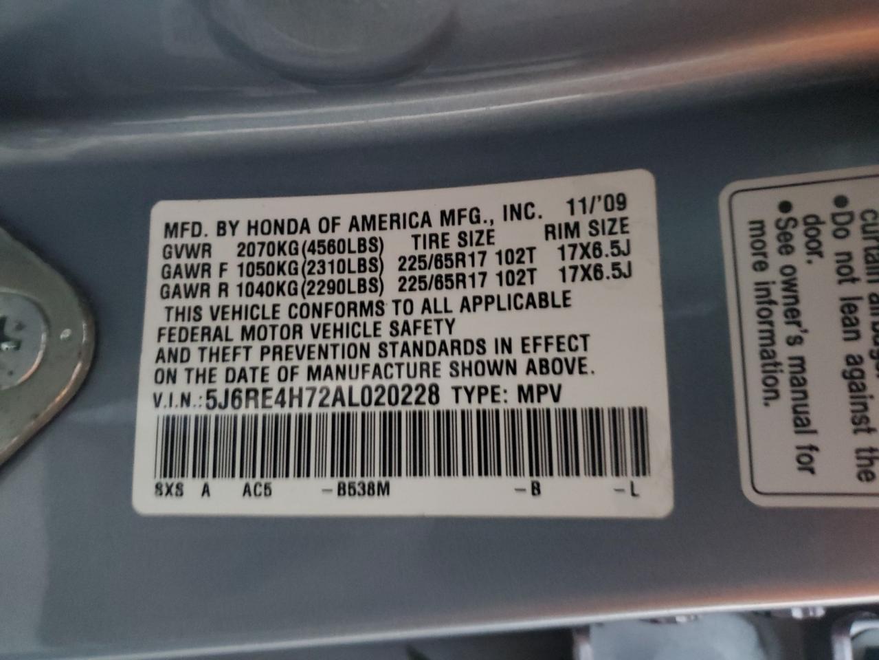 2010 Honda Cr-V Exl VIN: 5J6RE4H72AL020228 Lot: 91706465