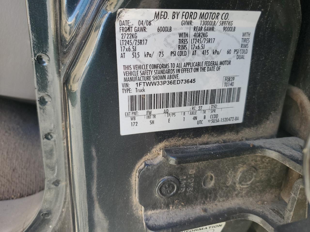 2006 Ford F350 Super Duty VIN: 1FTWW33P36ED73645 Lot: 90812755