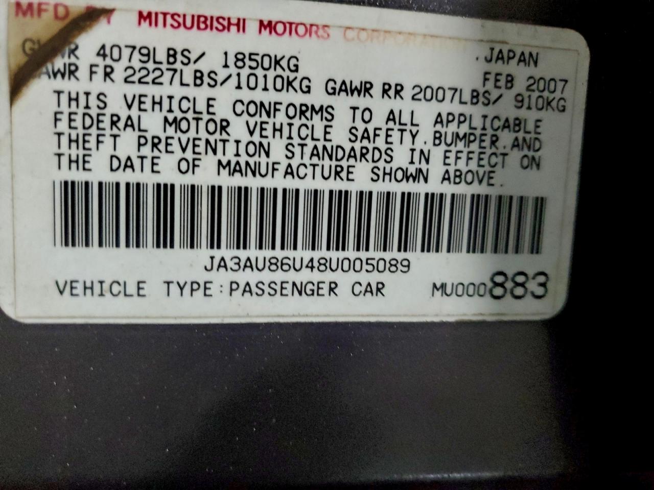 2008 Mitsubishi Lancer Gts VIN: JA3AU86U48U005089 Lot: 93822465