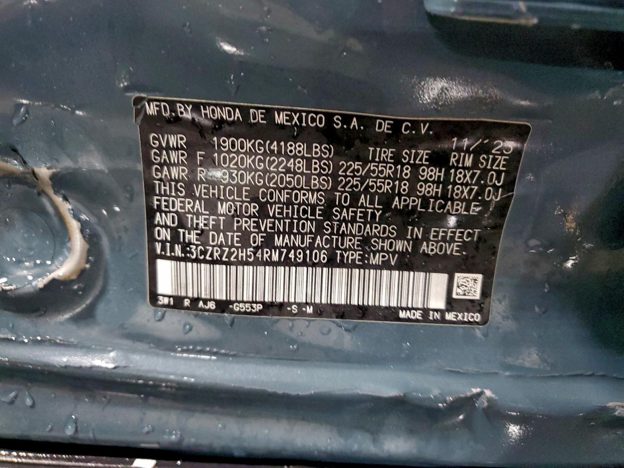 2024 Honda Hr-V Sport VIN: 3CZRZ2H54RM749106 Lot: 93980095