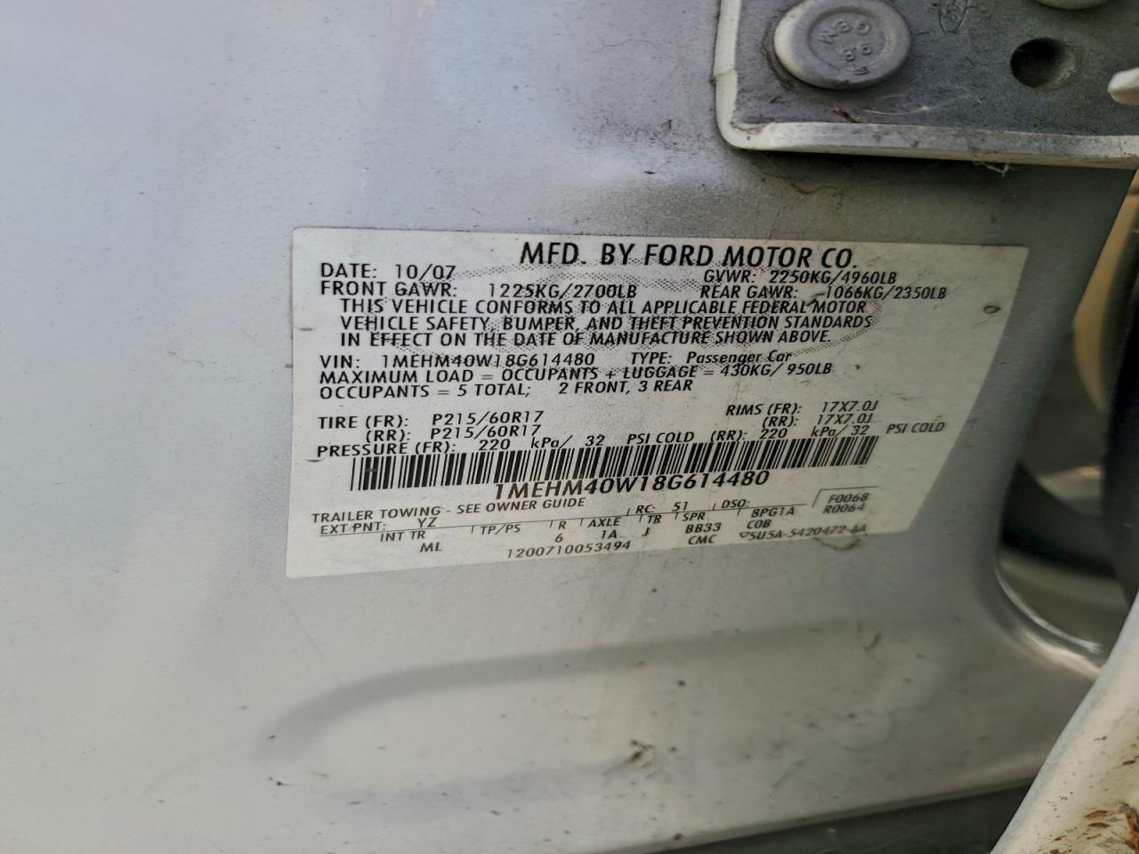 2008 Mercury Sable Luxury VIN: 1MEHM40W18G614480 Lot: 93909355