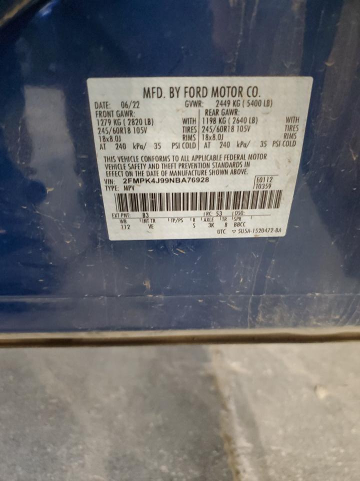 2022 Ford Edge Sel VIN: 2FMPK4J99NBA76928 Lot: 91651745