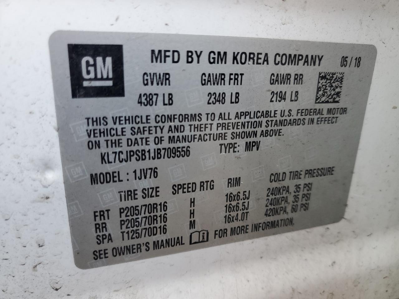 2018 Chevrolet Trax 1Lt VIN: KL7CJPSB1JB709556 Lot: 90955165