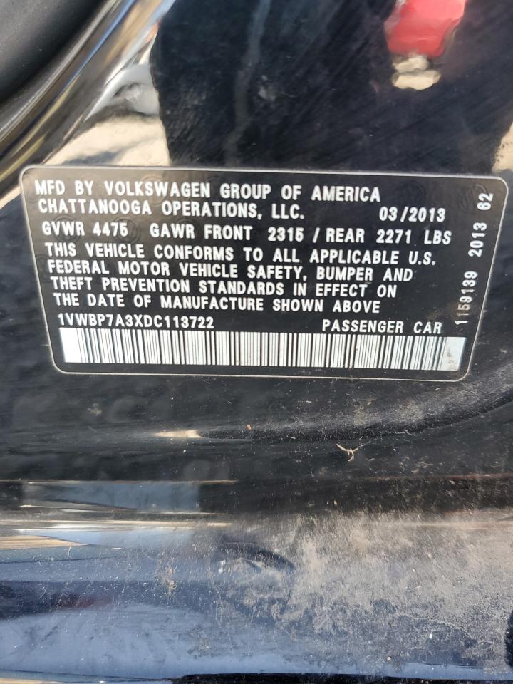 2013 Volkswagen Passat Se VIN: 1VWBP7A3XDC113722 Lot: 92914235