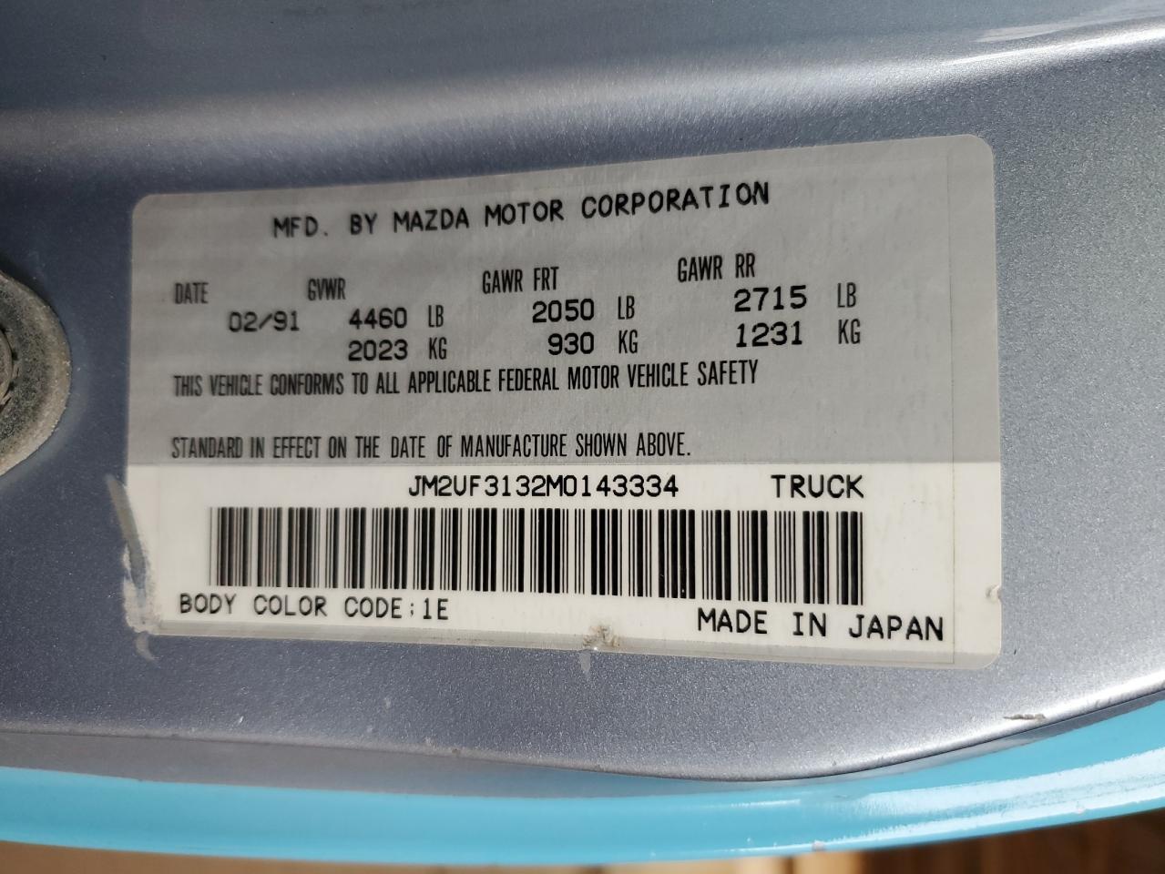 1991 Mazda B2200 Cab Plus VIN: JM2UF3132M0143334 Lot: 91396695