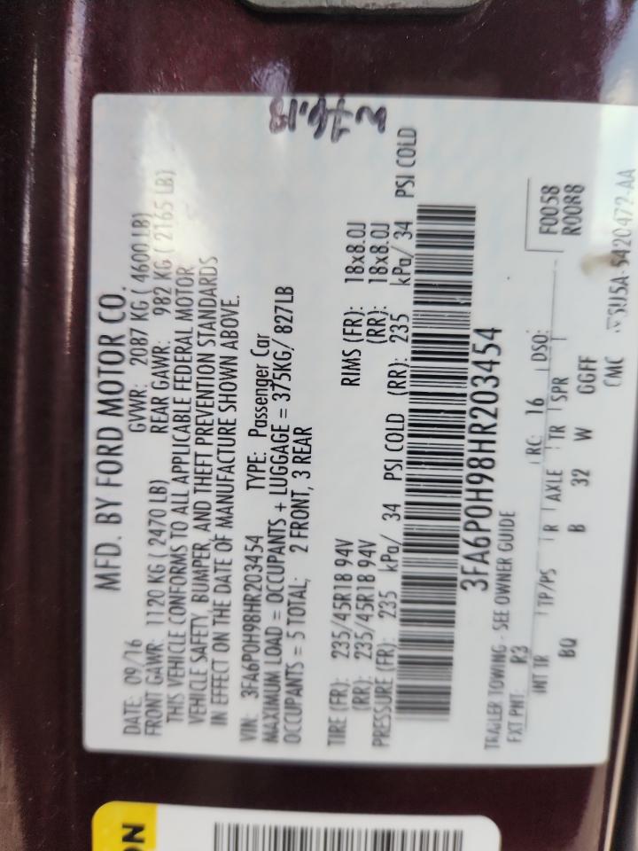 2017 Ford Fusion Se VIN: 3FA6P0H98HR203454 Lot: 91630475