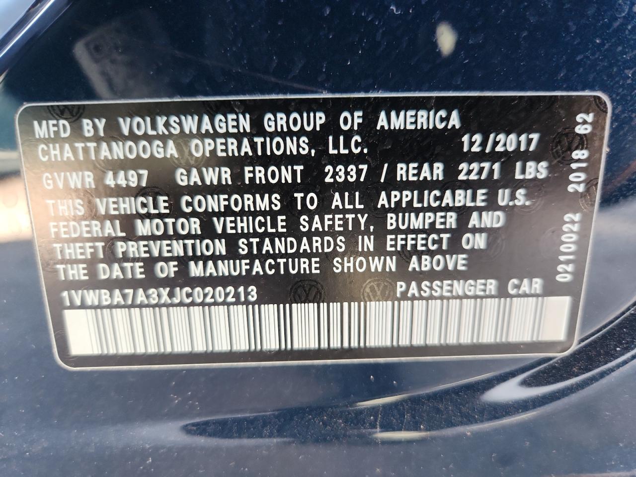 2018 Volkswagen Passat Se VIN: 1VWBA7A3XJC020213 Lot: 92901725