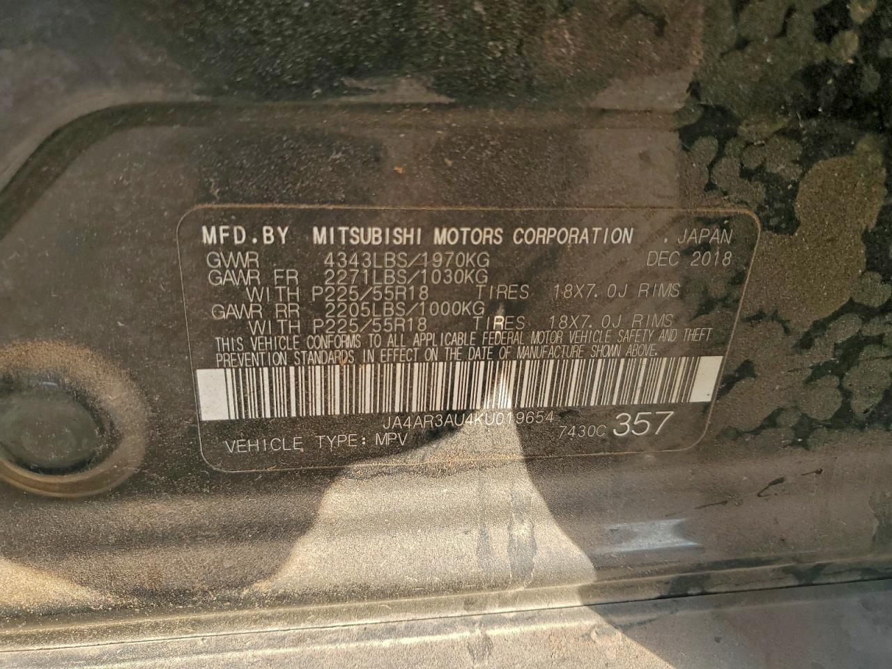 2019 Mitsubishi Outlander Sport Es VIN: JA4AR3AU4KU019654 Lot: 93525915