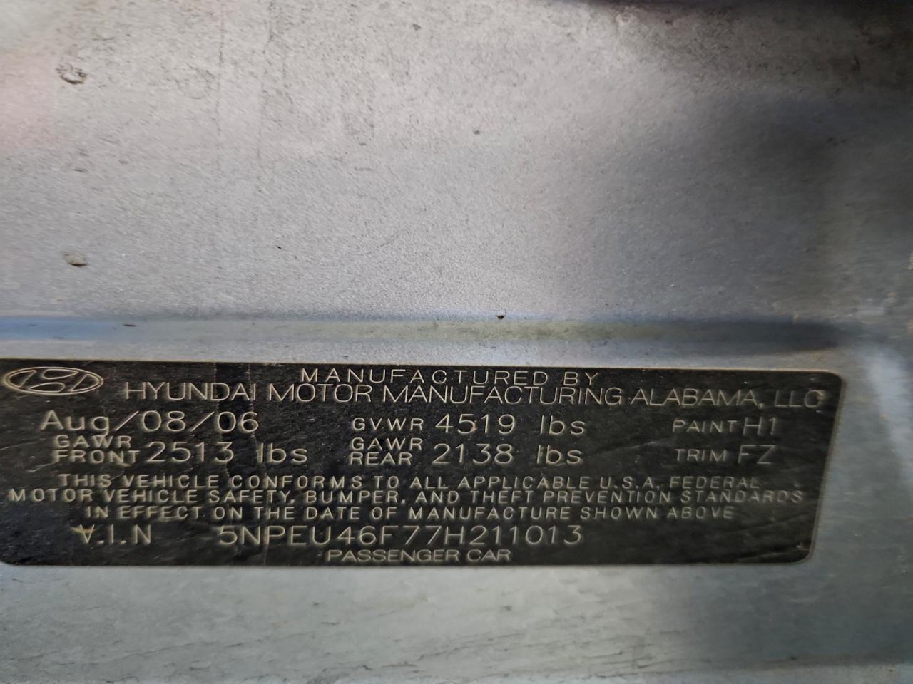 2007 Hyundai Sonata Se VIN: 5NPEU46F77H211013 Lot: 94808435