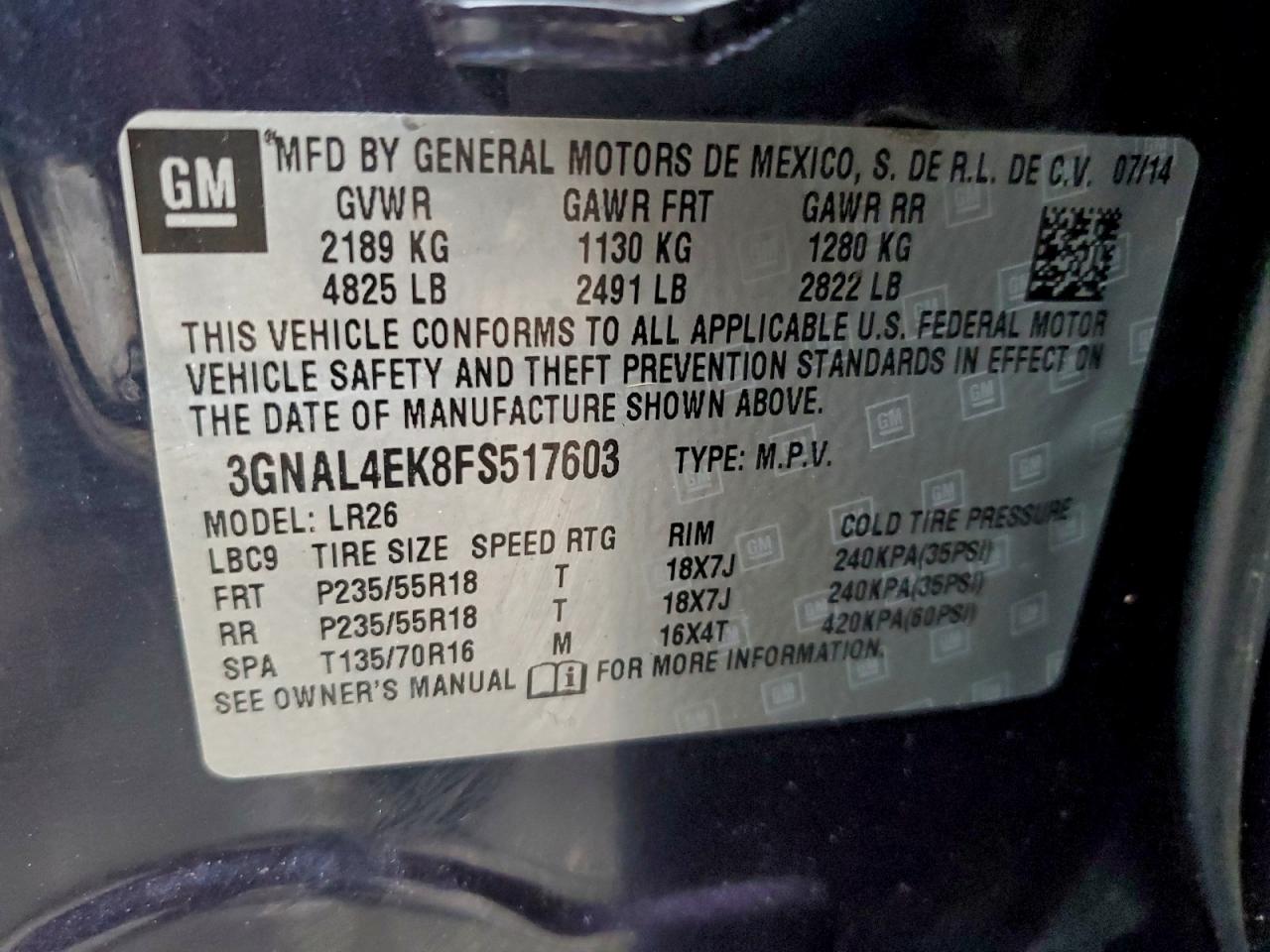 2015 Chevrolet Captiva Ltz VIN: 3GNAL4EK8FS517603 Lot: 93888275