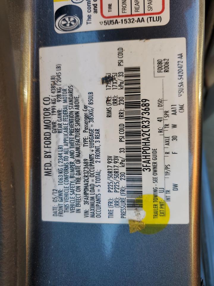 2012 Ford Fusion Se VIN: 3FAHP0HA2CR373689 Lot: 90889245