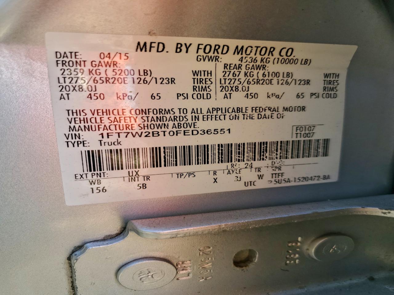 2015 Ford F250 Super Duty VIN: 1FT7W2BT0FED36551 Lot: 93871645