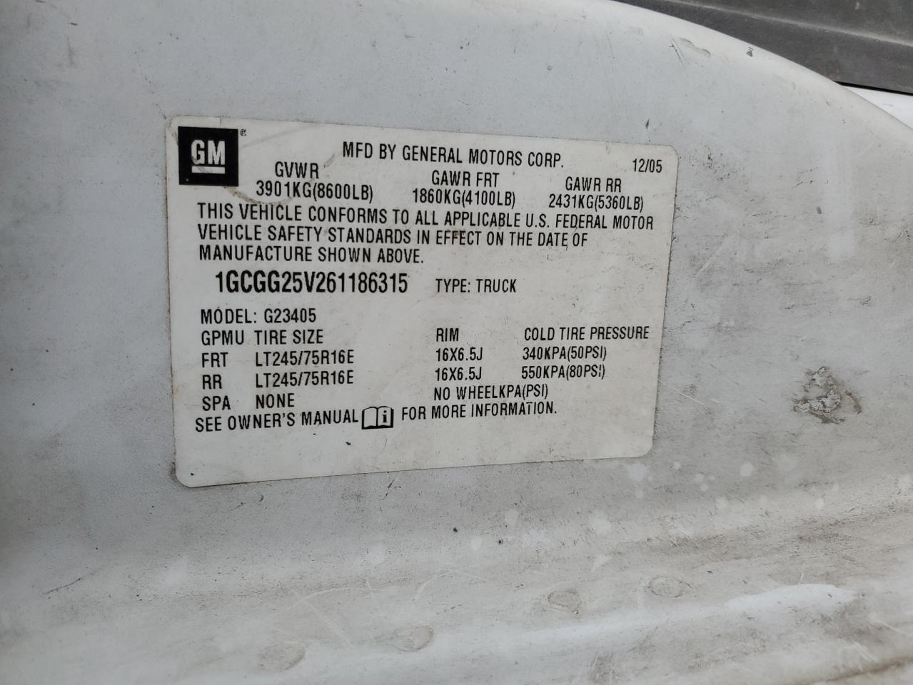 2006 Chevrolet Express G2500 VIN: 1GCGG25V261186315 Lot: 91249345