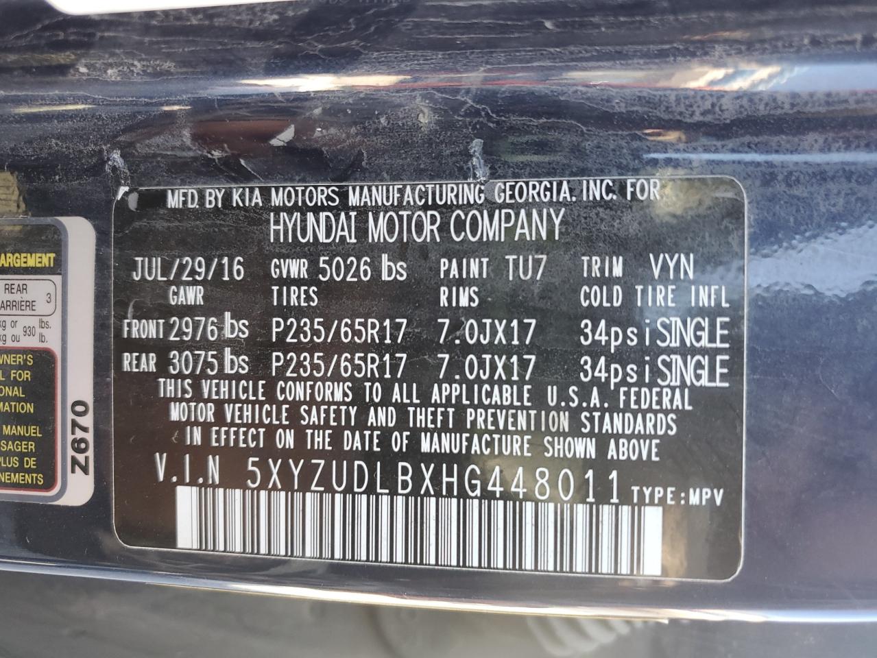 2017 Hyundai Santa Fe Sport VIN: 5XYZUDLBXHG448011 Lot: 91452705