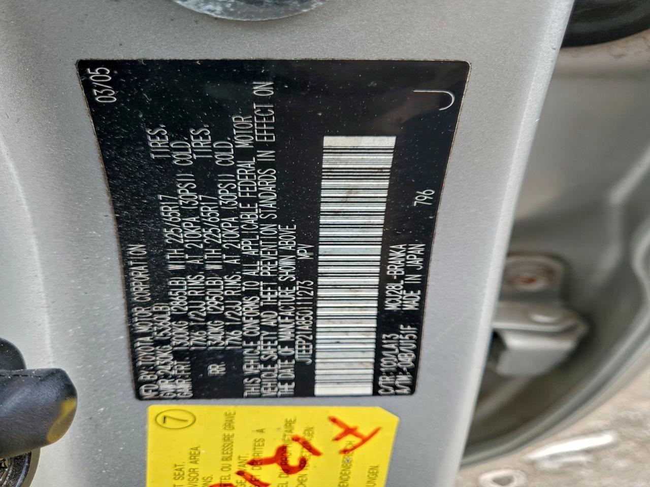 2005 Toyota Highlander Limited VIN: JTEEP21A850111273 Lot: 93935525