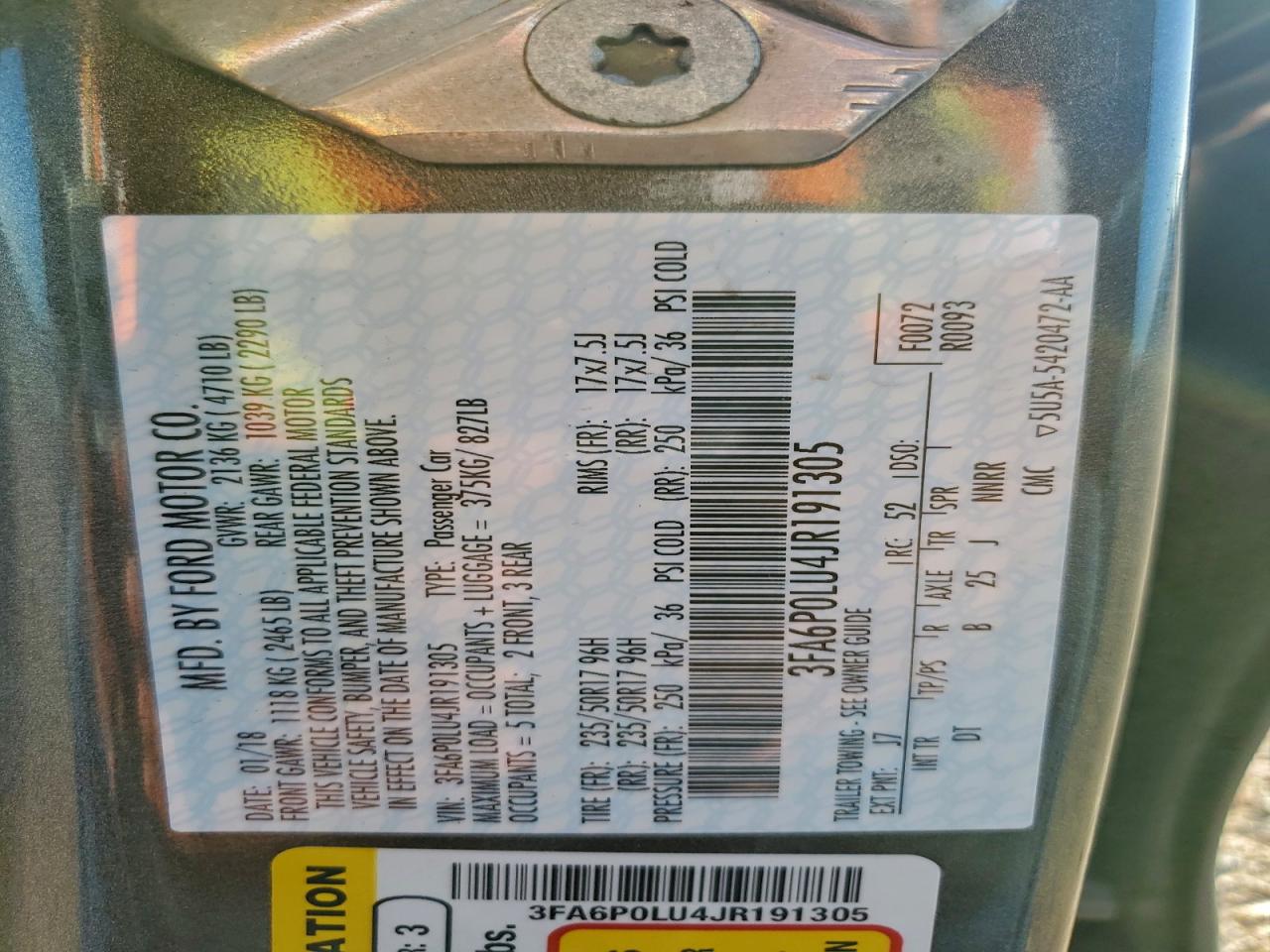 2018 Ford Fusion Se Hybrid VIN: 3FA6P0LU4JR191305 Lot: 93921295