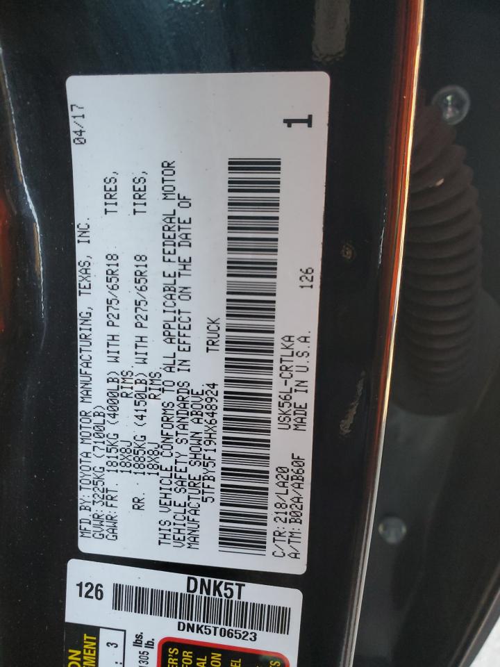 2017 Toyota Tundra Double Cab Limited VIN: 5TFBY5F19HX648924 Lot: 93316565