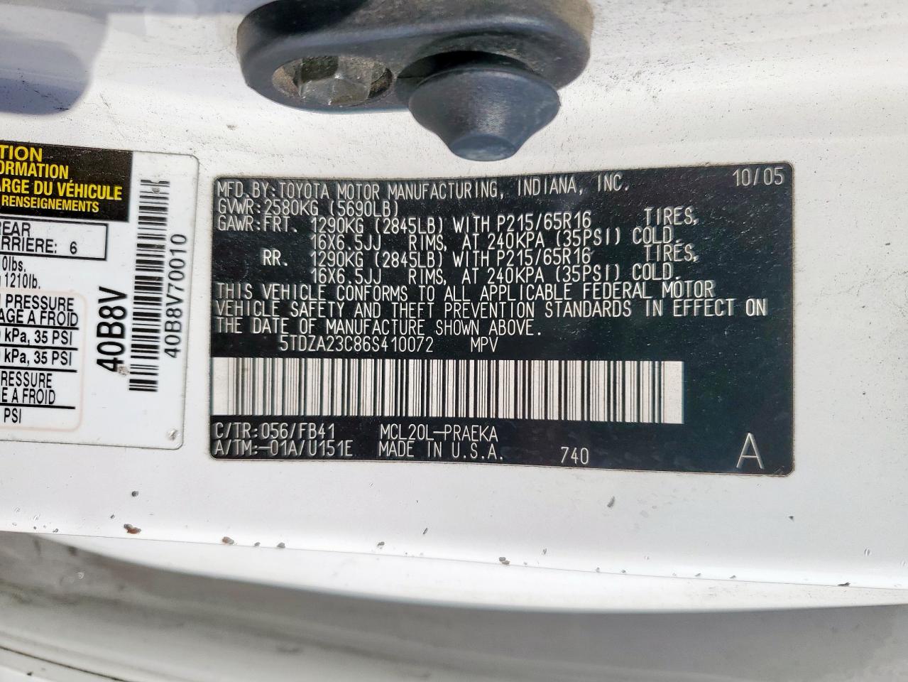 2006 Toyota Sienna Ce VIN: 5TDZA23C86S410072 Lot: 91018735