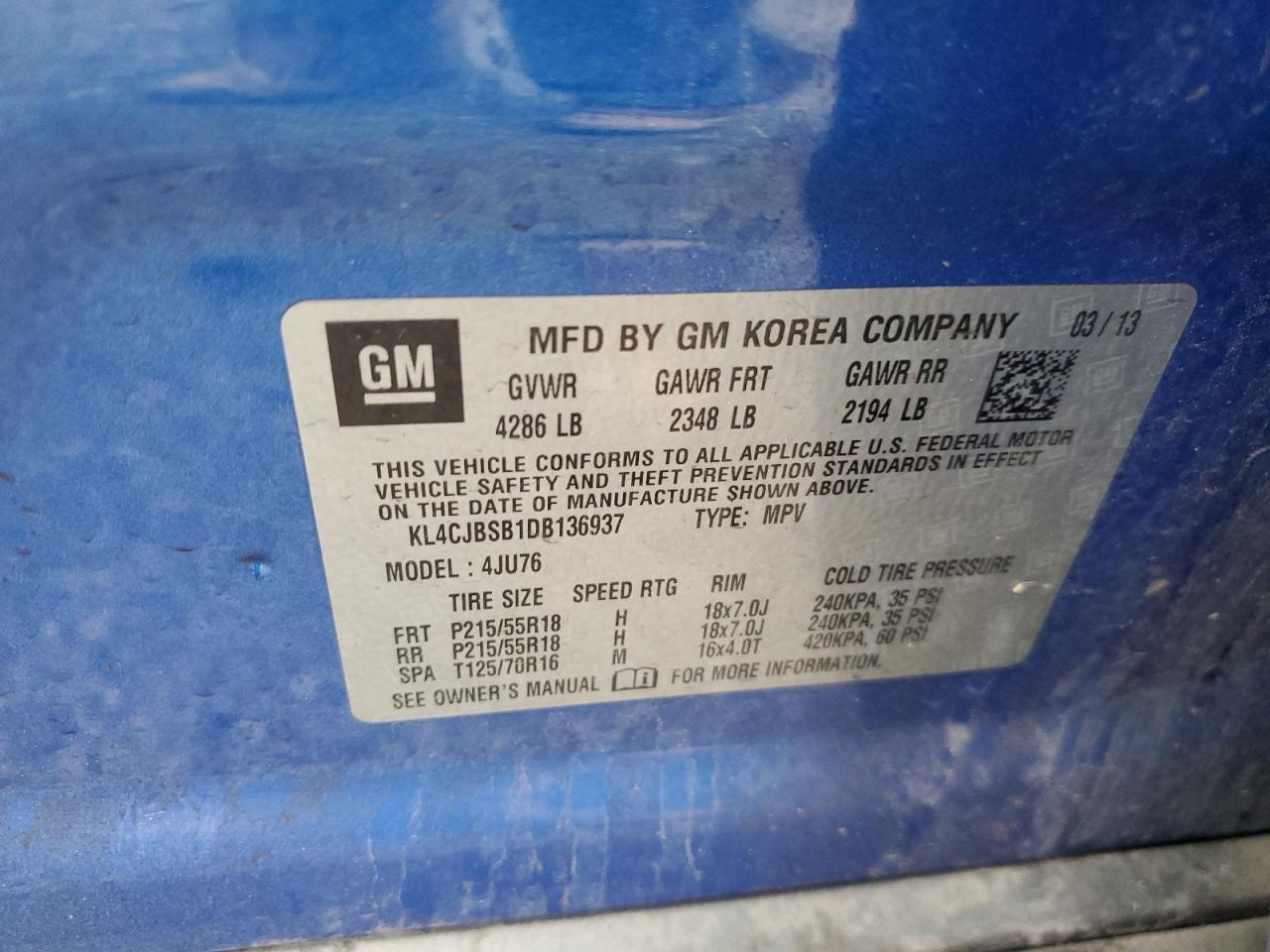 2013 Buick Encore Convenience VIN: KL4CJBSB1DB136937 Lot: 93335685