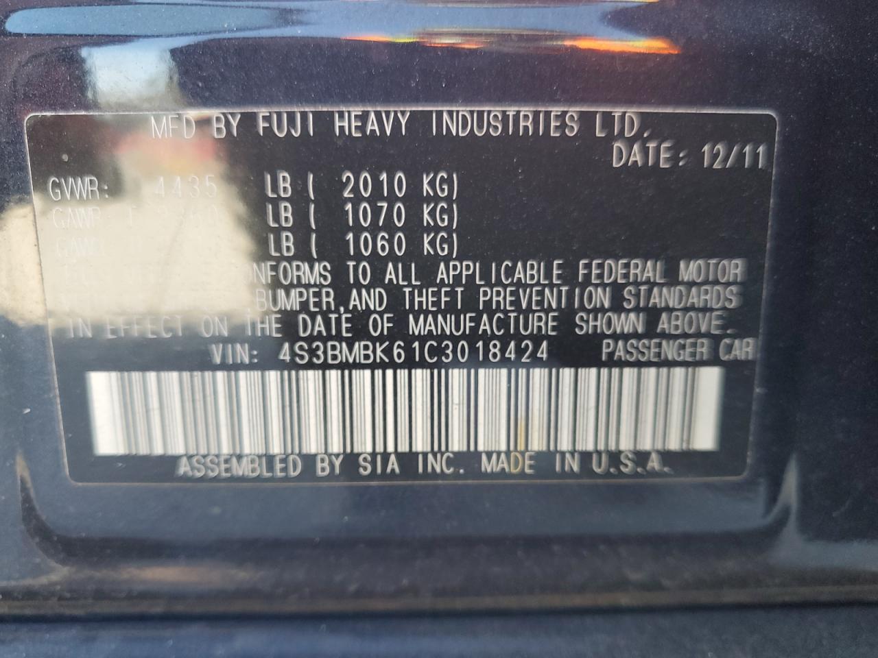 2012 Subaru Legacy 2.5I Limited VIN: 4S3BMBK61C3018424 Lot: 92346705