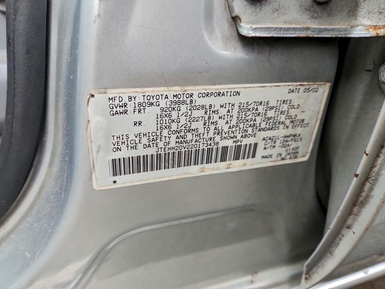 2002 Toyota Rav4 VIN: JTEHH20V220173438 Lot: 93965505