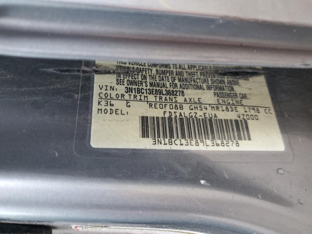 2009 Nissan Versa S VIN: 3N1BC13E89L368278 Lot: 93300885