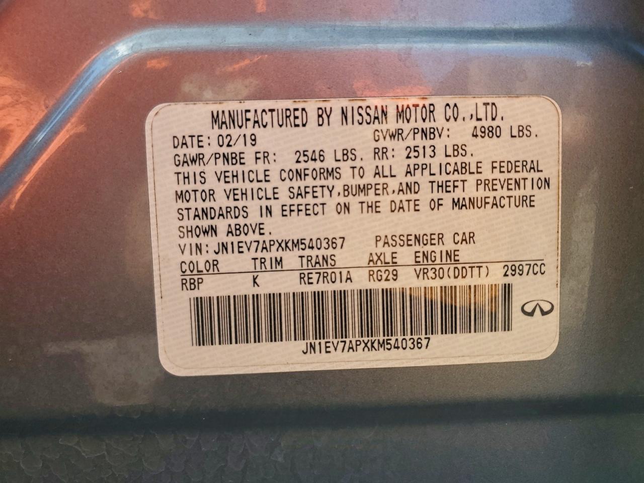 2019 Infiniti Q50 Luxe VIN: JN1EV7APXKM540367 Lot: 94277175