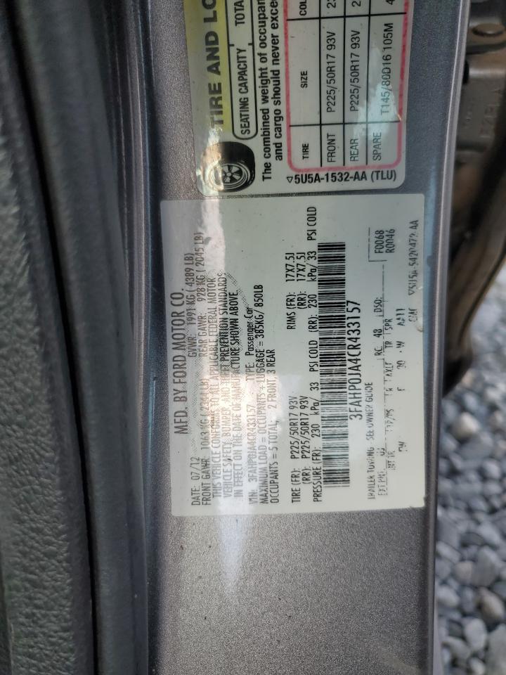 2012 Ford Fusion Sel VIN: 3FAHP0JA4CR433157 Lot: 93664395