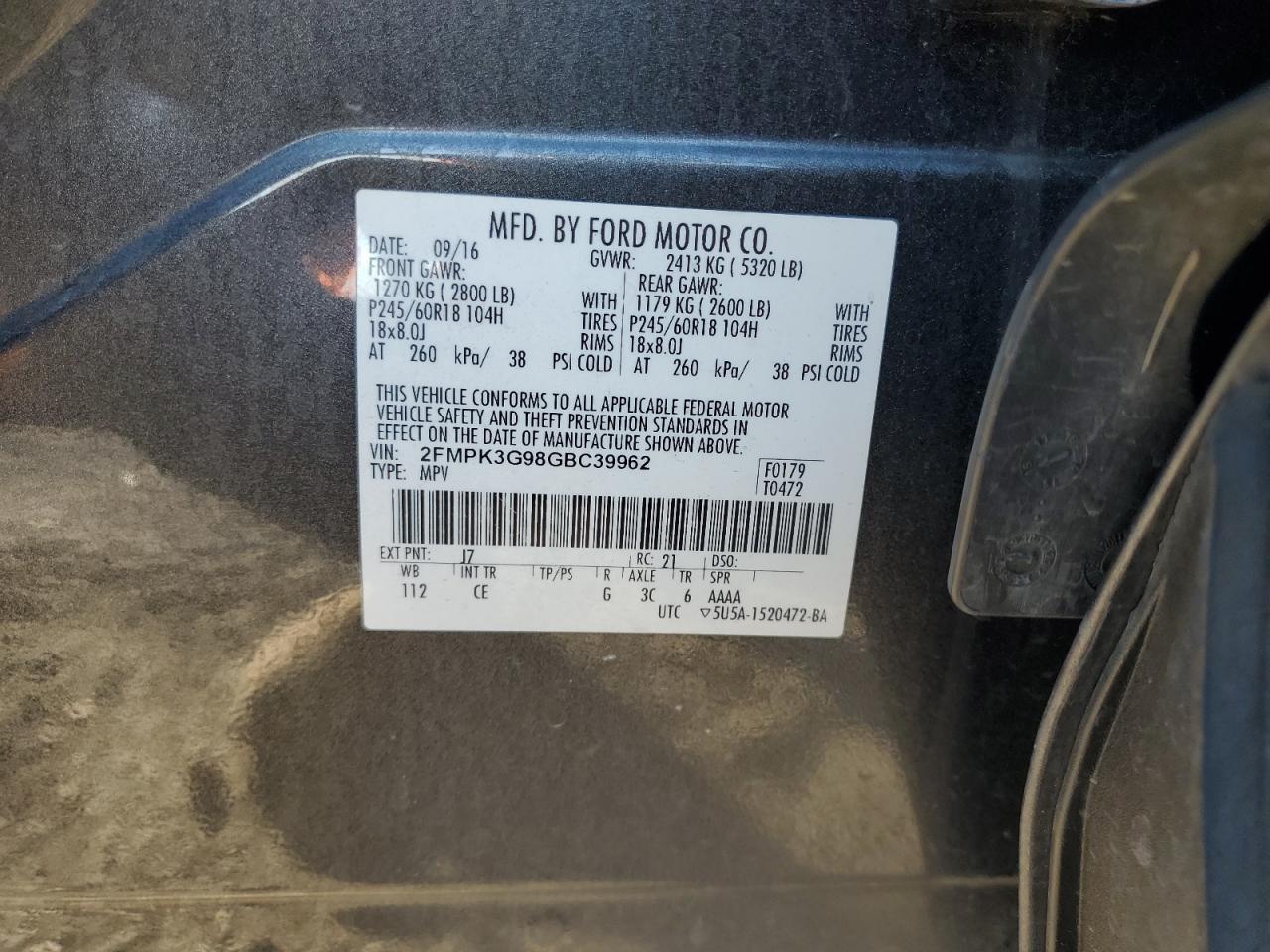 2016 Ford Edge Se VIN: 2FMPK3G98GBC39962 Lot: 91813755